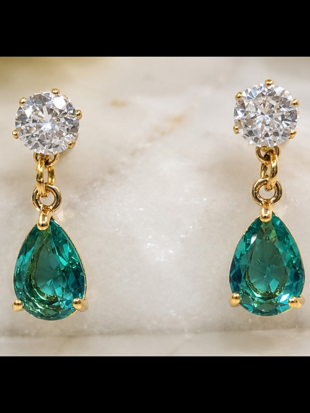 Green Crystal Teardrop 18K Gold Plated Earrings | CZ Stud Dangle Earrings